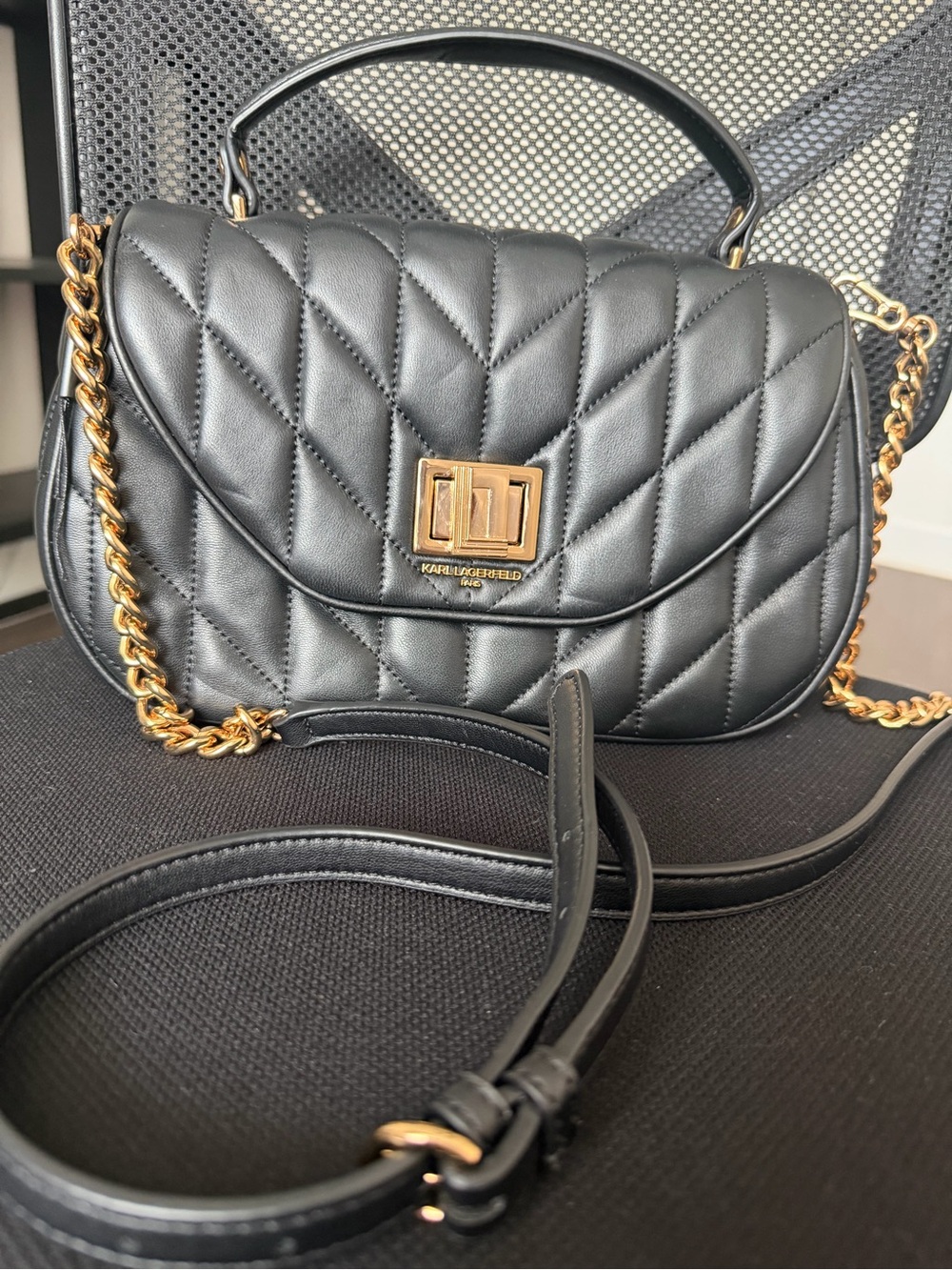 Karl Lagerfeld Paris Quilted Black Leather Top-Handle Shoulder Bag - Picture 4 of 8